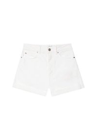 Valkoiset farkkushortsit, joissa on korkea vyötärö, viisi taskua, edessä nappikiinnitys, käännetyt lahkeet ja metalliset yksityiskohdat.