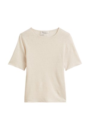 T-shirt beige à manches courtes en lin doux, avec un col rond et une coupe décontractée. Aucun motif ni accent n'est présent.