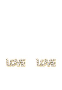Goldfarbene Steckerohrringe mit dem Wort "LIEBE", verziert mit klaren Strasssteinen, die ein filigranes Design mit erhabenen Buchstaben hervorheben.