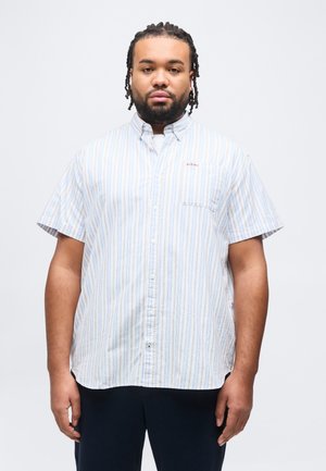 Άνδρας με πλεξούδες στα μαλλιά και γένια, φοράει κοντομάνικο, κουμπωτό λευκό πουκάμισο με ανοιχτό μπλε και πορτοκαλί ρίγες, στέκεται μπροστά σε απλό φόντο.