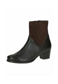 Botine negre din piele cu un brâu superior din material elastic maro, vârf rotunjit și toc pătrat. Textură netedă cu detalii subtile de cusătură.