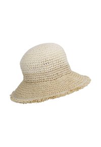 Geflochtener Strohhut in Off-White mit einer runden Krone und einem breiten, fransigen Rand. Besitzt ein strukturiertes, offenes Webmuster.