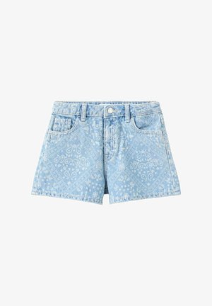Jasnoniebieskie szorty denimowe z nadrukiem paisley bandana, zapinane na guziki, z szlufkami i przednimi kieszeniami.