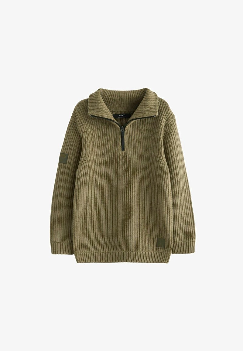 Ribbed oliwkowy pulower z kołnierzem na ćwierć zamka, wykonany z teksturowanej dzianiny i z naszywką na lewym rękawie.