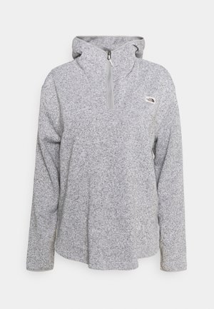 Pull polaire gris clair avec une fermeture éclair sur un quart et une capuche, avec le logo The North Face sur la poitrine gauche.