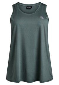 Grünes ärmelloses Sporttanktop aus glattem, leichtem Stoff. Verfügt über einen runden Ausschnitt und ein dezentes Logo-Detail auf der Brust.