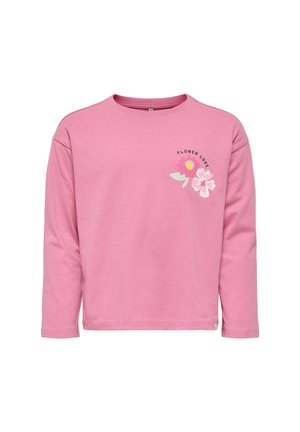 Camicia a maniche lunghe rosa in cotone, con una grafica floreale e il testo "FLOWER LOVE" sull'area sinistra del petto.