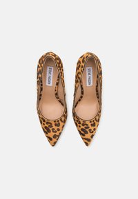 Ein Paar spitz zulaufende Damenhighheels mit Leopardenmuster und beigen Innensohlen, mit Steve Madden-Labels im Inneren.