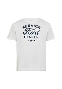 Witte T-shirt met korte mouwen met marineblauwe tekst "SERVICE Ford CENTER" en drie marineblauwe sterren onder de tekst.