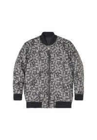 Veste bomber matelassée avec un motif paisley en noir et blanc. Comprend des poignets et un col côtelés, ainsi qu'une fermeture éclair sur le devant.