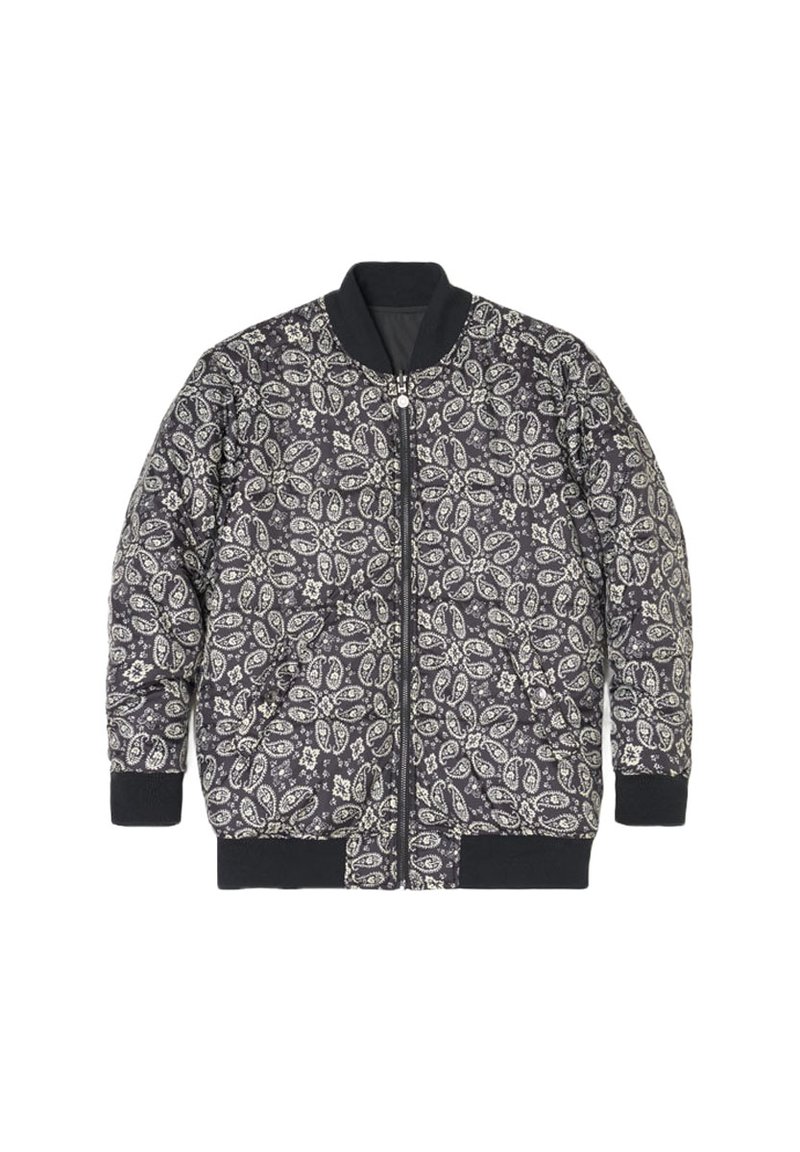 Veste bomber matelassée avec un motif paisley en noir et blanc. Comprend des poignets et un col côtelés, ainsi qu'une fermeture éclair sur le devant.