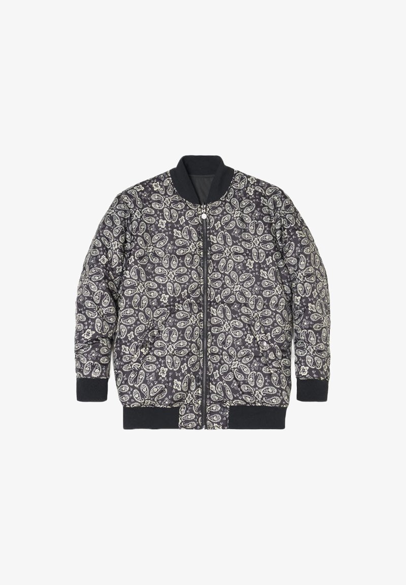 Veste bomber matelassée avec un motif paisley en noir et blanc. Comprend des poignets et un col côtelés, ainsi qu'une fermeture éclair sur le devant.