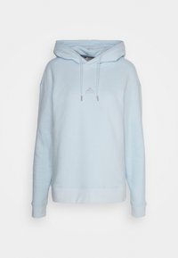 Sweat à capuche bleu clair avec cordons, petit logo cintre sur la poitrine, manches longues, poignets et ourlet côtelés.