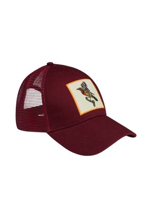 Casquette trucker en mesh bordeaux avec une visière courbée et un patch devant représentant un oiseau coloré avec une coiffe amérindienne.