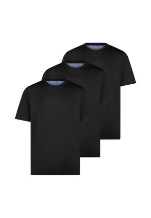 Drie effen zwarte T-shirts met korte mouwen en ronde hals gestapeld, vooraanzicht met subtiel logo dicht bij de borst.