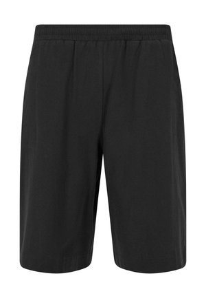 Pantalones cortos negros con cintura elástica, textura suave, diseño hasta la rodilla y sin patrones ni acentos adicionales.