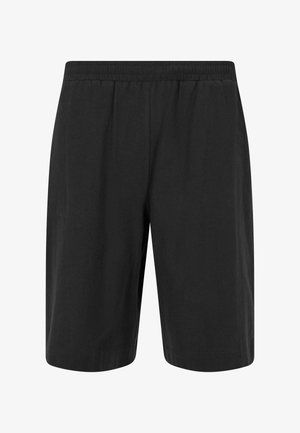 Černé šortky s elastickým pasem, hladkým povrchem, délky po kolena a bez dalších vzorů nebo akcentů.