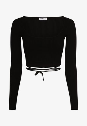 Schwarzes geripptes Croptop mit langen Ärmeln, quadratischem Ausschnitt und gekreuztem Schnürdetail am Saum. Etikett mit der Aufschrift "EDITED."