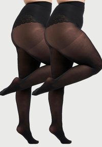 Collants noirs taille haute avec une finition transparente, ornés d'une bande en dentelle décorative en haut. Texture lisse et design de jambe opaque.