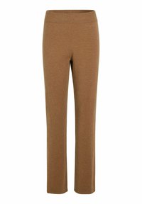 Brązowe spodnie z elastycznej tkaniny, z talią o średnim stanie i prostymi nogawkami. Gładka tekstura i proste, czyste linie bez zdobień.