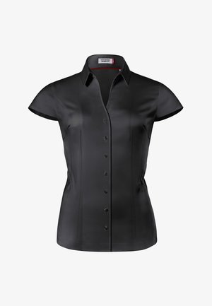 Blusa negra de manga corta para mujer con cierre de botones en la parte delantera, cuello puntiagudo, cintura ajustada y tela de satén suave.