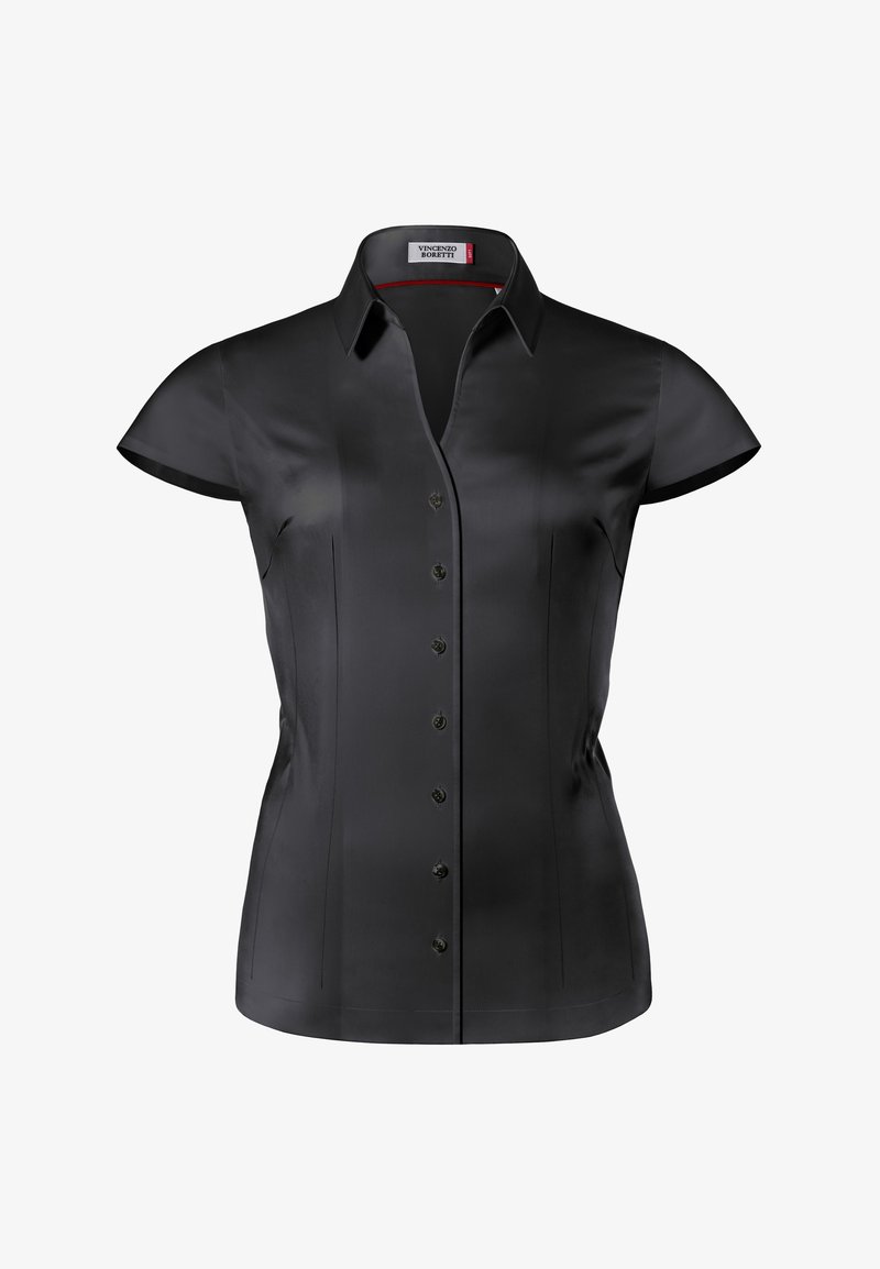Blouse noire à manches courtes pour femmes avec devant boutonné, col pointu, taille cintrée et tissu satiné lisse.