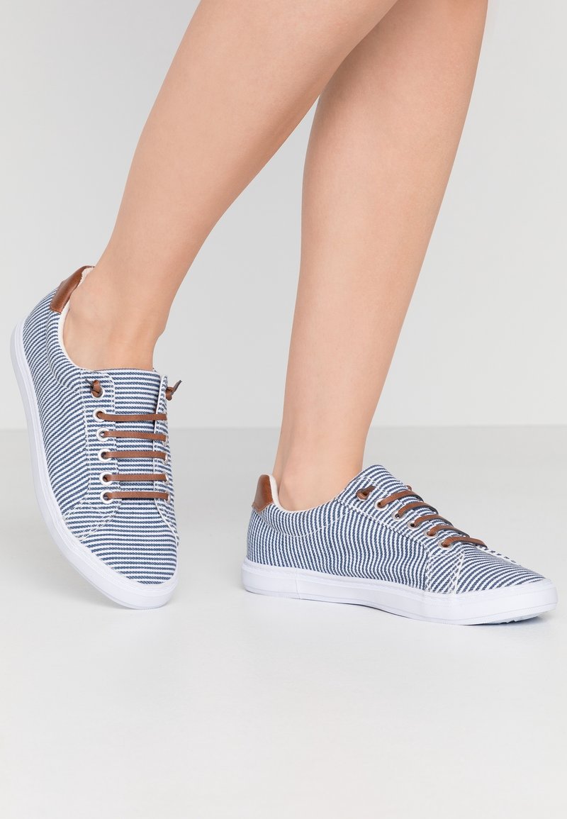 Baskets en toile rayées avec semelles blanches, présentant des accents marron sur le talon et les lacets, affichant un design bas.