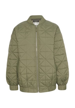 Quilted olivgrüner Jacke mit Reißverschluss, Stehkragen und elastischen Bündchen. Mit einem geometrischen Muster auf dem Stoff.