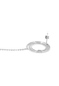 Collana in metallo argentato con pendente a spirale e catena di piccole perline rotonde, con un accento in pietra trasparente sulla chiusura.