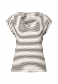 Bomulls V-hals topp med korta ärmar, med horisontella ränder i brunt och vitt. Mjuk textur och avslappnad passform.