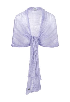 Jasnofioletowy dziergany szal o otwartym splocie, z luźnym wiązaniem z przodu i małą okrągłą metką marki na dolnej krawędzi.