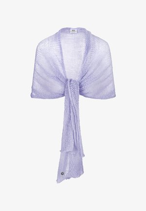 Jasnofioletowy dziergany szal o otwartym splocie, z luźnym wiązaniem z przodu i małą okrągłą metką marki na dolnej krawędzi.