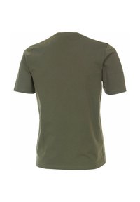 Oliwkowa koszulka z krótkim rękawem wykonana z bawełny, z okrągłym dekoltem i gładką fakturą. Prosty design bez wzorów czy akcentów.