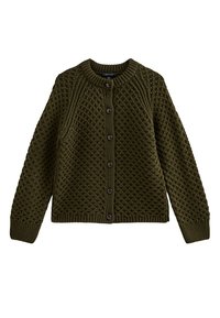 Donkergroen gebreide cardigan met een textuurpatroon, ronde hals, lange mouwen, geribbelde manchetten en zes knopen aan de voorkant.