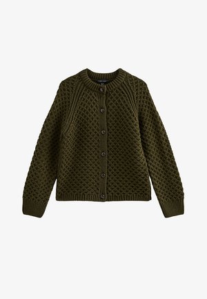 Donkergroen gebreide cardigan met een textuurpatroon, ronde hals, lange mouwen, geribbelde manchetten en zes knopen aan de voorkant.