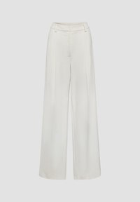 Weiße, weit geschnittene Hosen mit glatter Textur, hoher Taille und vorderen Falten. Maßgeschneiderte Passform mit Seitentaschen für Funktionalität.