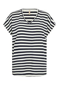 Granatowo-biały, paskowany t-shirt z krótkimi rękawami i dekoltem w kształcie litery V, z fakturą prążkowaną i luźnym krojem.