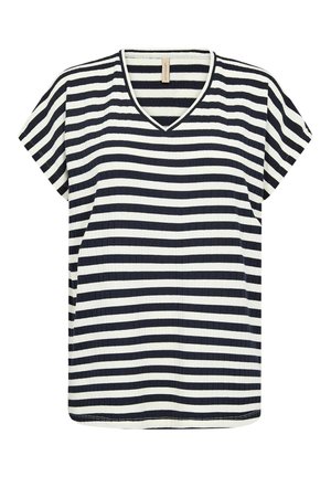 Mornarsko modra in bela črtasta majica s kratkimi rokavi in V-izrezom, ki ima rebrasto teksturo in sproščen kroj.