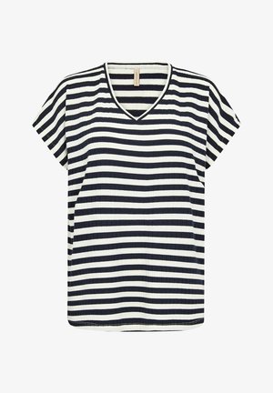 Mornarsko modra in bela črtasta majica s kratkimi rokavi in V-izrezom, ki ima rebrasto teksturo in sproščen kroj.