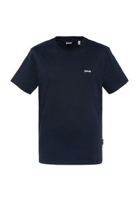 T-shirt di cotone blu navy con maniche corte, collo rotondo e un piccolo logo bianco sul petto. Texture morbida e vestibilità classica.