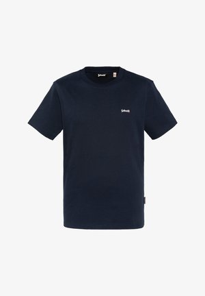 T-shirt di cotone blu navy con maniche corte, collo rotondo e un piccolo logo bianco sul petto. Texture morbida e vestibilità classica.