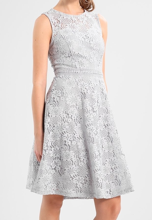 Femme portant une robe sans manches, longueur genou, en dentelle gris clair avec des motifs floraux et une taille ajustée.
