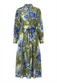 Šaty so zeleným kvetinovým vzorom modrých a žltých ruží. Majú golier, dlhé rukávy, vypasovaný pás s modrou stuhou a viacvrstvovú sukňu.