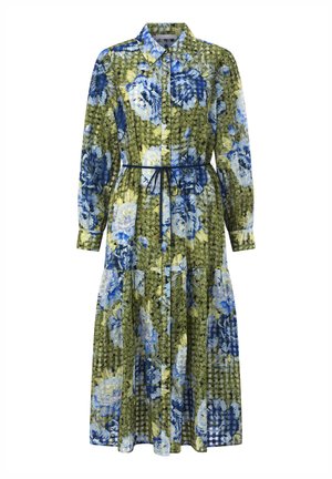 Šaty so zeleným kvetinovým vzorom modrých a žltých ruží. Majú golier, dlhé rukávy, vypasovaný pás s modrou stuhou a viacvrstvovú sukňu.