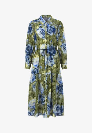 Roheline lillemustriga kleit siniste ja kollaste roosidega. Omab kraega, pikki varrukaid, vöökohast sinist paela ning kihilist seelikut.