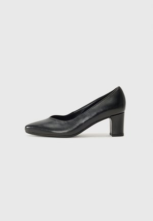 Pumps nere in pelle con tacco alto, punta appuntita, apertura arrotondata davanti e tacco a blocco. Superficie liscia con una finitura lucida.