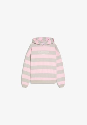 Kapuzenpullover mit breiten horizontalen pinken und beigen Streifen sowie dem Schriftzug "WILD DIVISION FLY HIGH, STYLE COOL" auf der Brust.