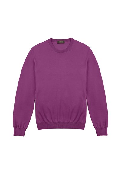 Maglione viola lavorato a maglia con maniche lunghe, scollatura tonda e polsini e orlo a coste. Texture morbida e vestibilità casual. Nessun motivo o decorazione.