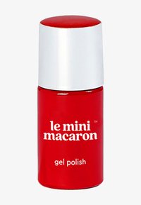 Rode gel nagellakfles met een witte dop, met "le mini macaron" branding in vetgedrukte witte tekst. Gladde, glanzende afwerking met een ronde vorm.