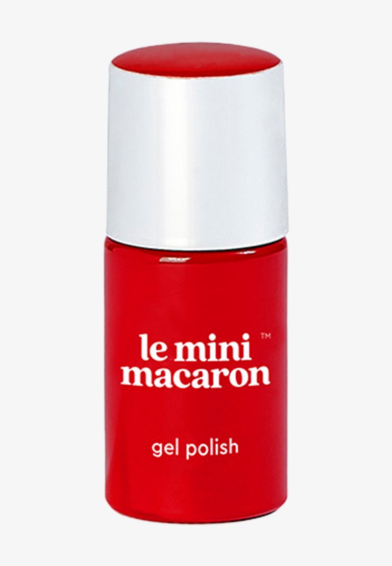 Rode gel nagellakfles met een witte dop, met "le mini macaron" branding in vetgedrukte witte tekst. Gladde, glanzende afwerking met een ronde vorm.
